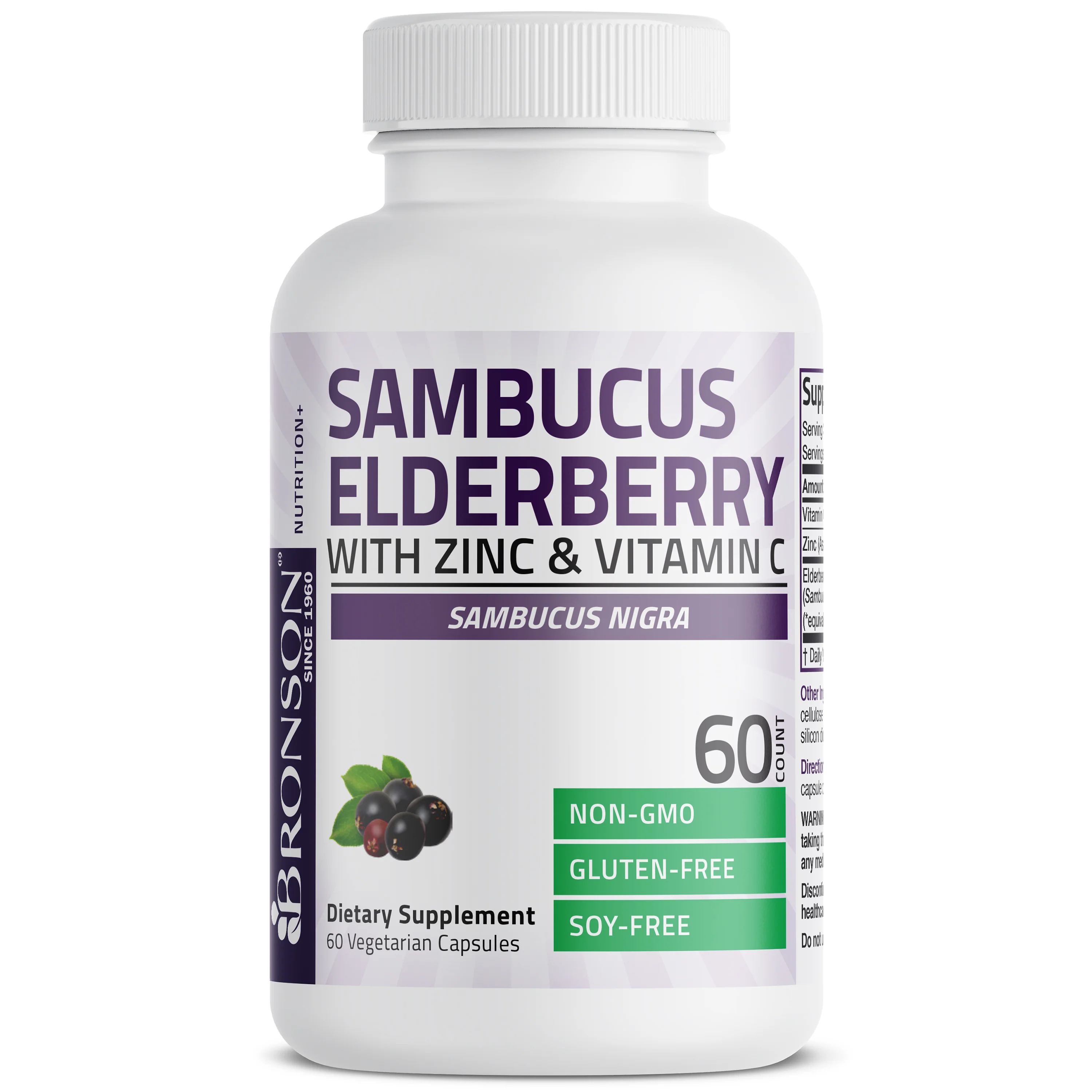 Sambucus Elderberry + Zinc + C: White bottle, white cap, purple/green label; elderberry art; Bronson branding; 60 capsules.